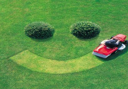 Man mowing lawn to show a smiley face consisting of two bushes