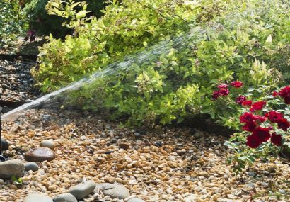 Sprinkler head watering flowers