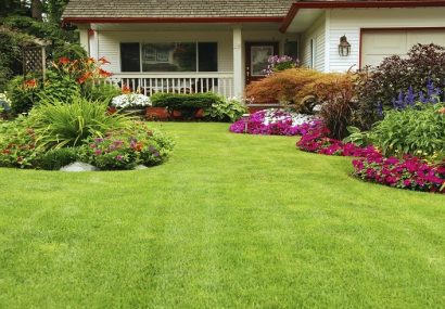 Beautiful lawn with flowerbeds on side