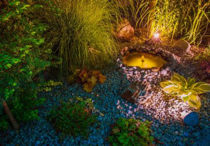 Illuminated Garden with Small Garden Pond. Backyard Illumination.