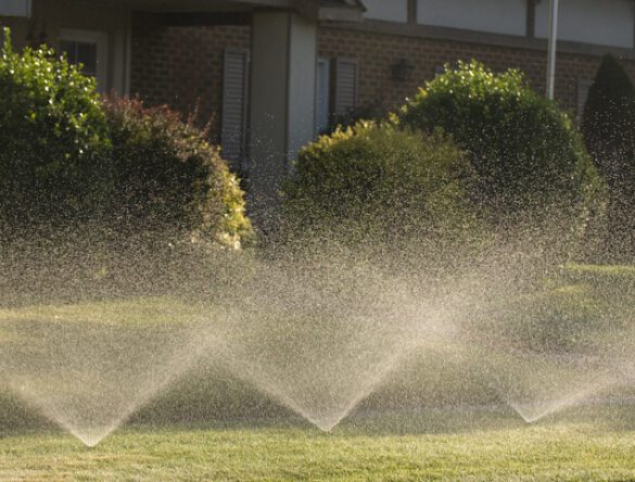 The spray from these lawn sprinklers glowed in the warm, early morning light in this suburban neighborhood.