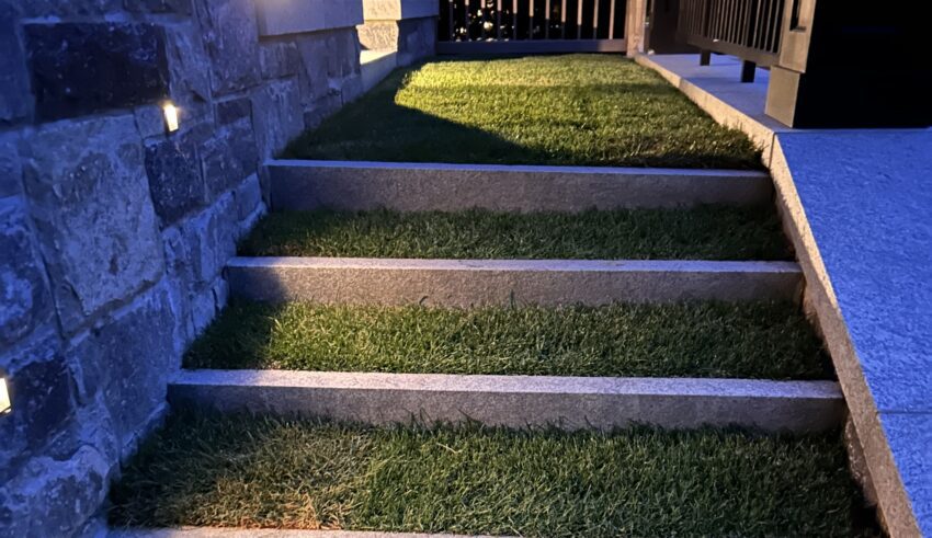 Landscape lighting on grass stairs outside